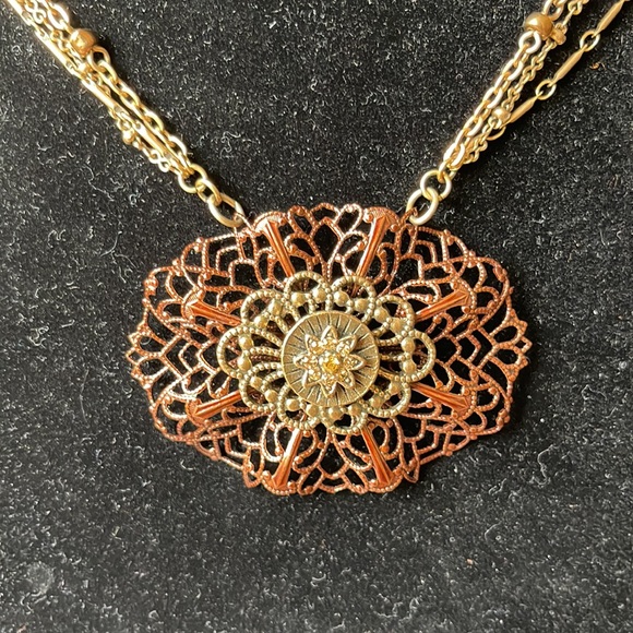 Chico’s brass and copper tone filigree necklace pendant collar multichain - Picture 3 of 9